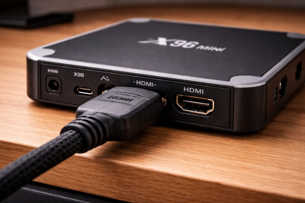 HDMI cable connected to X96 Mini back port showing HDMI input setup on TV box