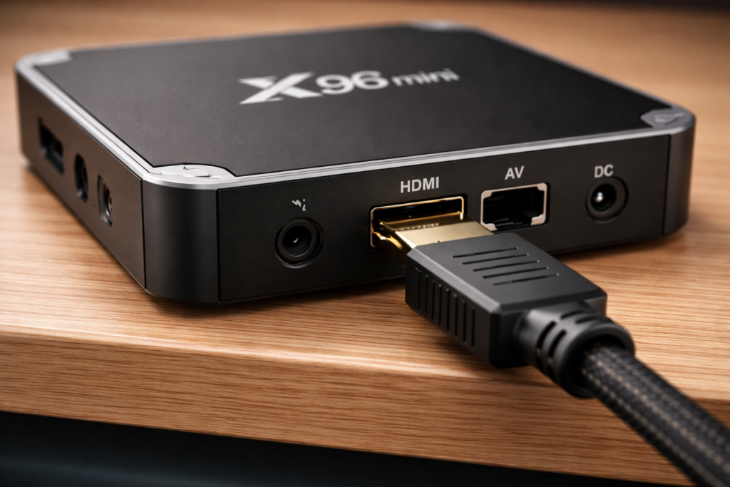 "HDMI cable connected to X96 Mini Android TV box showing rear ports including AV and power on wooden surface"