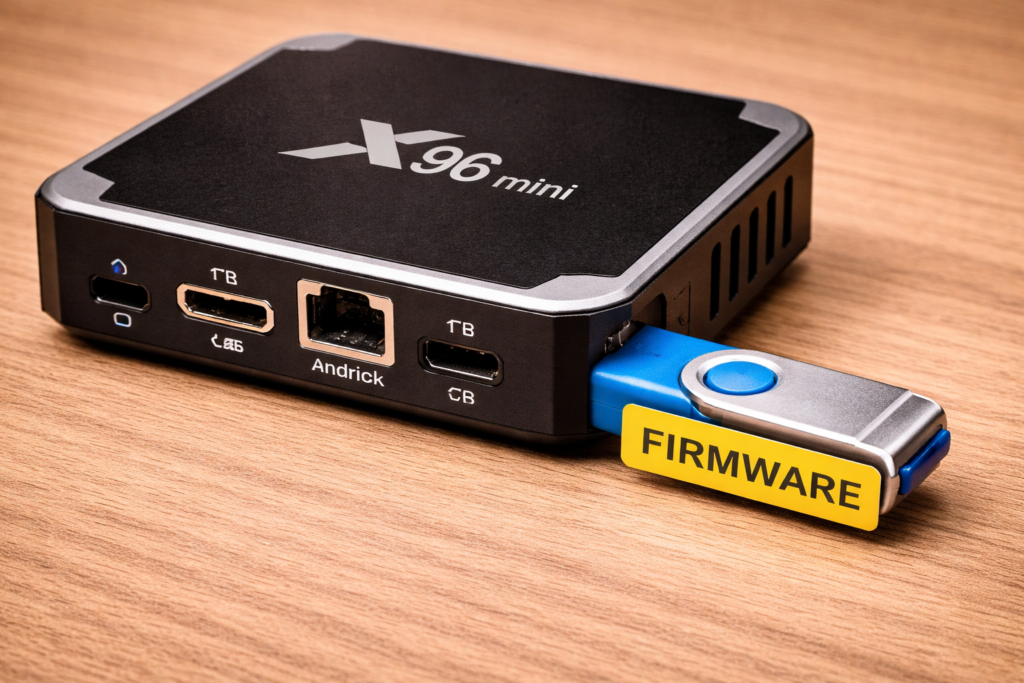 USB flash drive with firmware inserted into X96 Mini USB port for system update