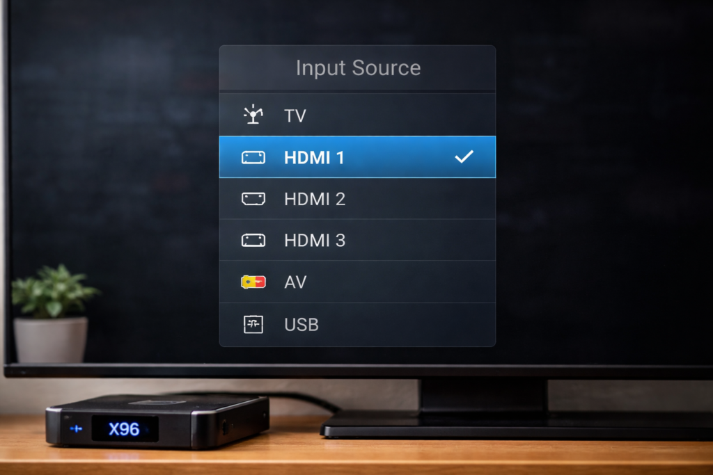 TV input source menu showing HDMI selection for X96 Mini connection on screen