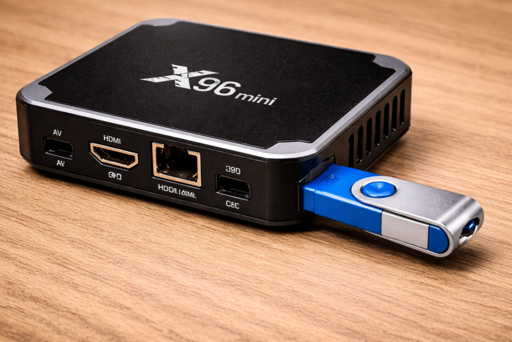 USB flash drive inserted into correct USB port on X96 Mini Android TV box rear panel