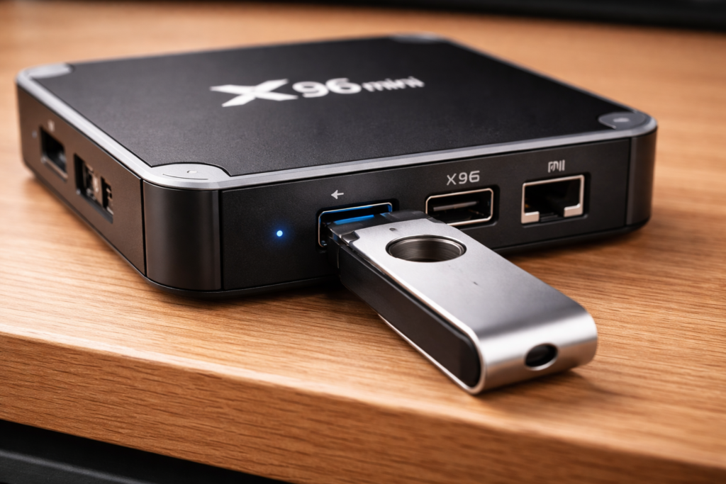USB flash drive inserted into X96 Mini Android TV box USB port on wooden surface