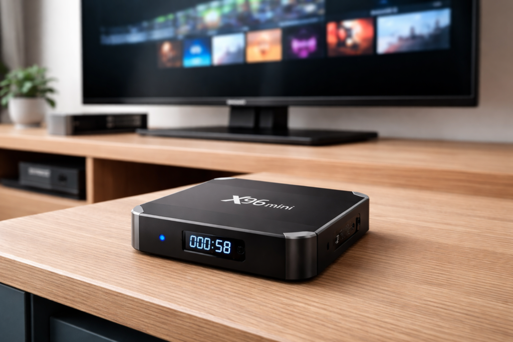 "X96 Mini Android TV box front view placed on a wooden TV stand with a television in the background"