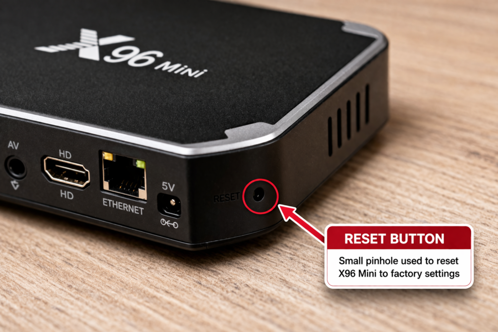 X96 Mini reset button location on device near AV port used for factory reset