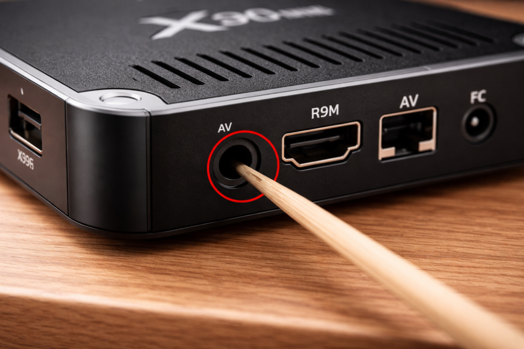 X96 Mini reset button location inside AV port with pin inserted for factory reset"