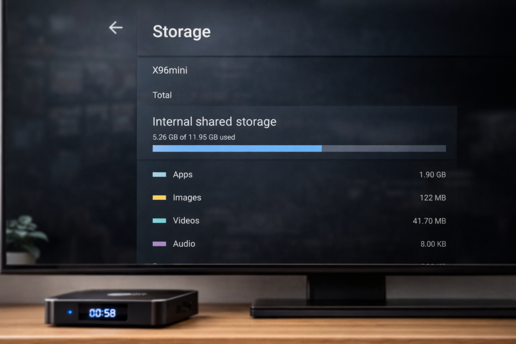 X96 Mini storage settings screen showing internal storage usage and apps data on TV display