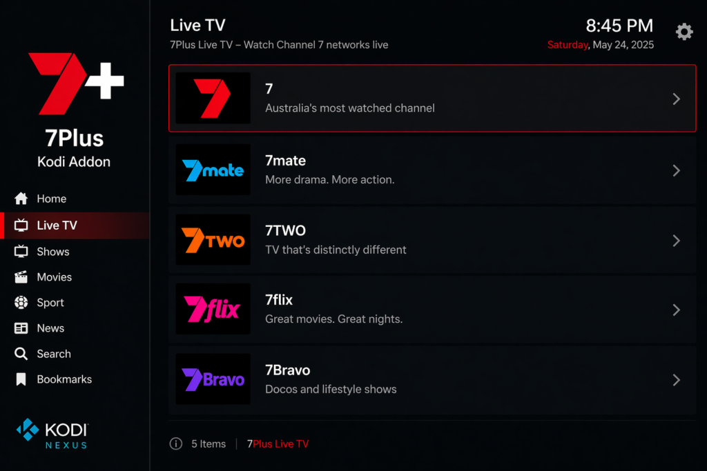 7Plus Kodi addon Live TV section showing Channel 7, 7mate, 7TWO, 7flix, and 7Bravo in a dark Kodi Nexus interface