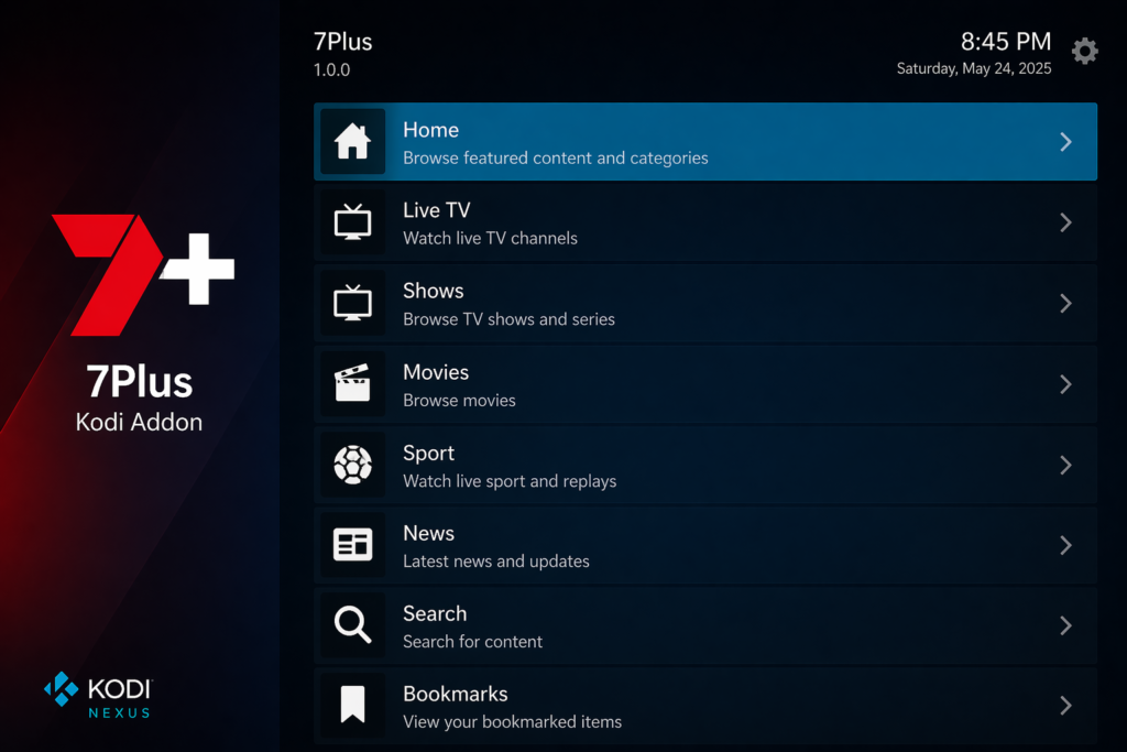 7Plus Kodi addon main menu showing Home, Live TV, Shows, Movies, Sport, News, Search, and Bookmarks in dark Kodi Nexus interface
