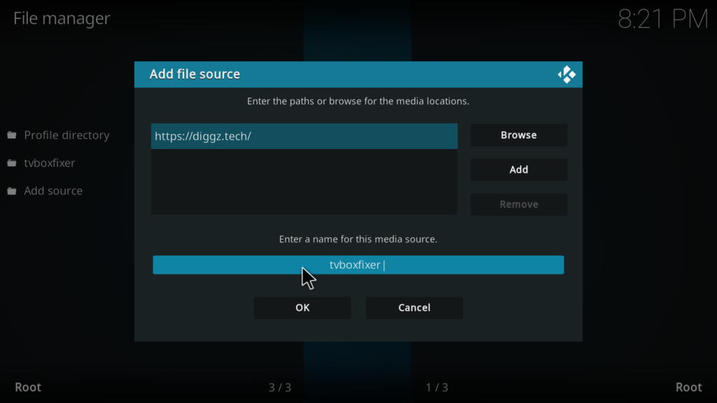 Add the Diggz source URL inside Kodi File Manager