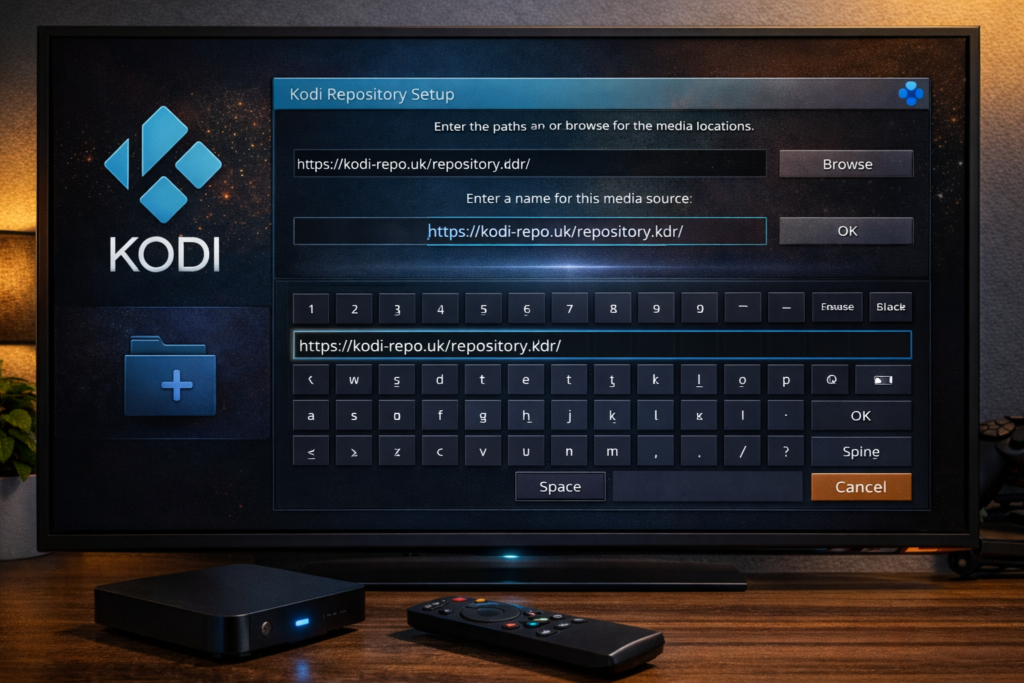 Adding a repository source URL in Kodi 21 Omega settings