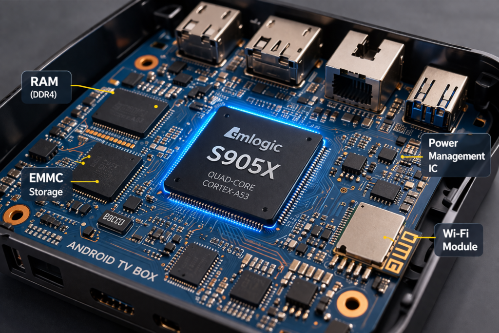 Amlogic S905X chipset on an Android TV box motherboard