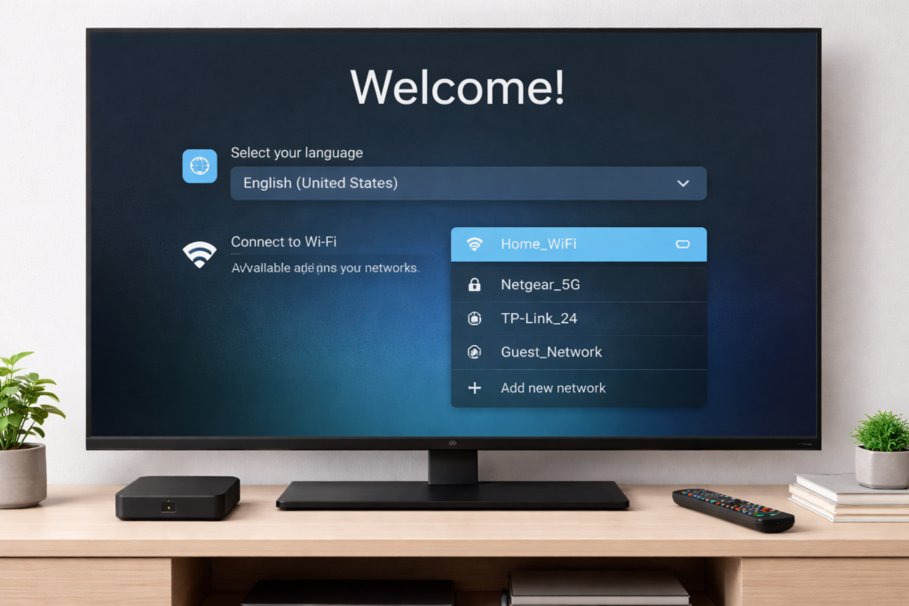 Android TV box first-time setup screen showing language and Wi-Fi selection
