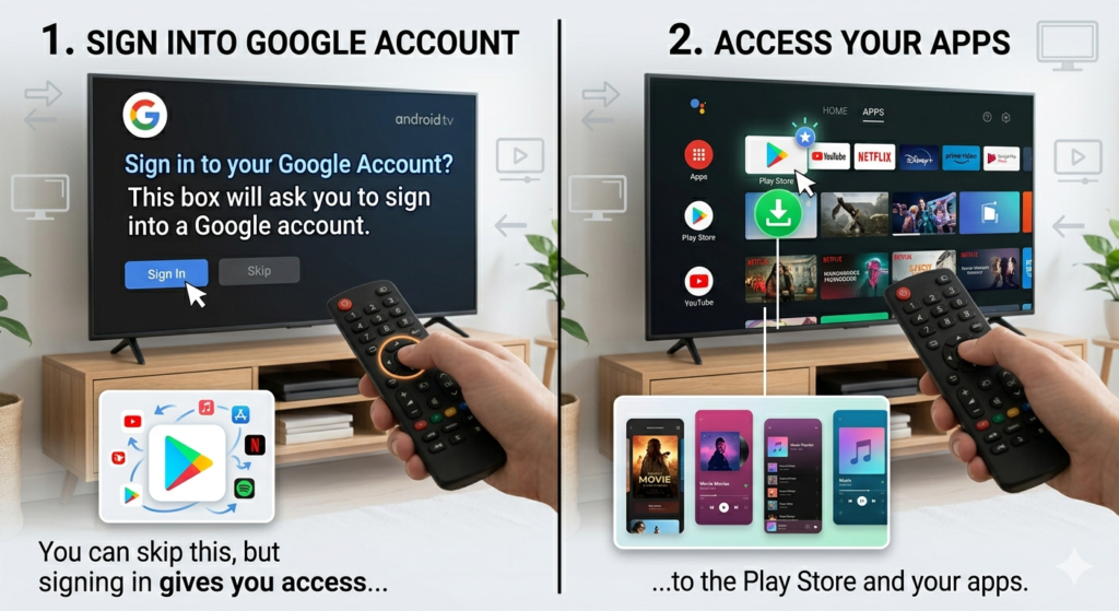  Android TV boxes will ask you to sign into a Google account. You can skip this, but signing in gives you access to the Play Store and your apps.