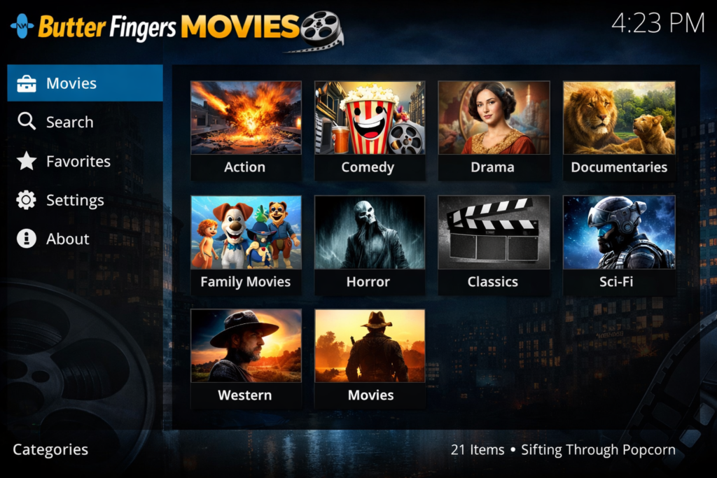 Butter Fingers Kodi addon home screen showing movie categories inside Kodi 