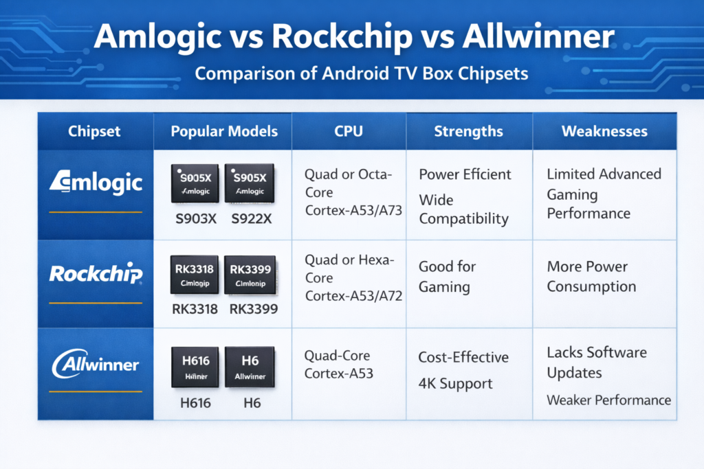 Comparison of Amlogic vs Rockchip vs Allwinner chipsets for Android TV boxes