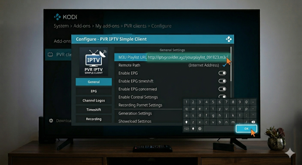 Setting up PVR IPTV Simple Client on Kodi by entering the M3U playlist URL in the general settings panel on a Smart TV.