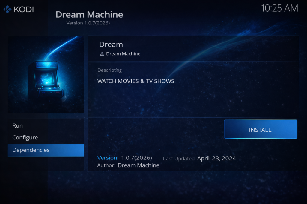  Dream Machine addon entry page inside the repository browser, with the Install button visible