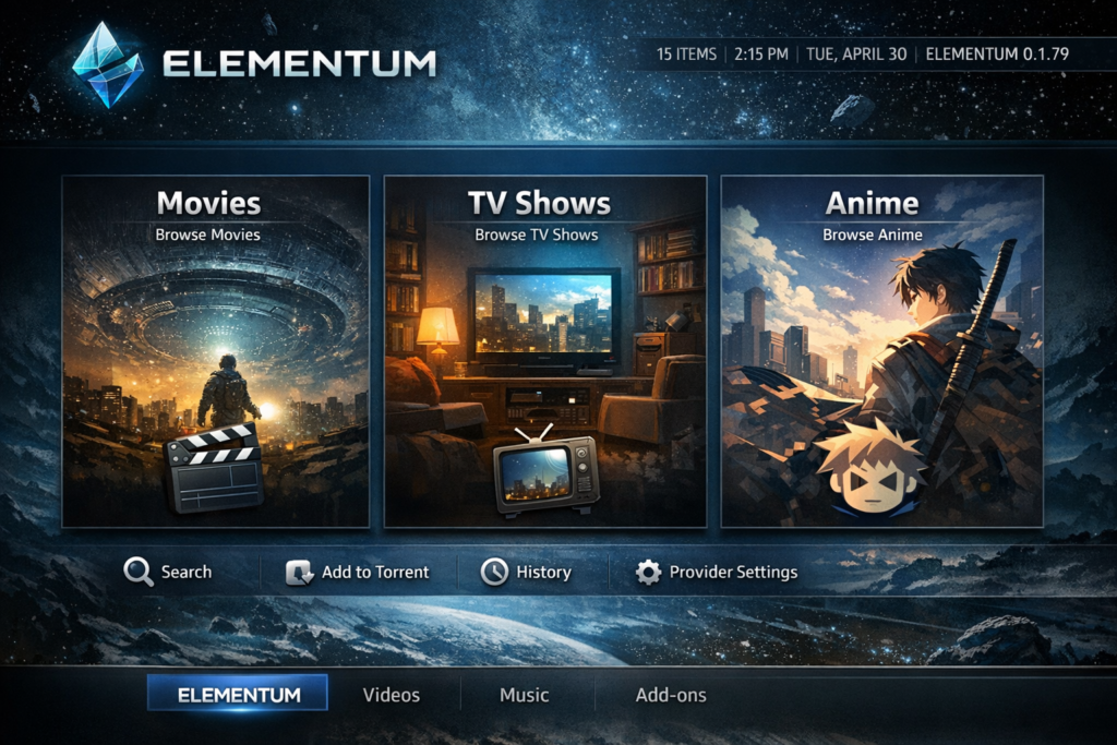  Elementum addon home screen inside Kodi showing the main menu with Movies, TV Shows, and Anime sections