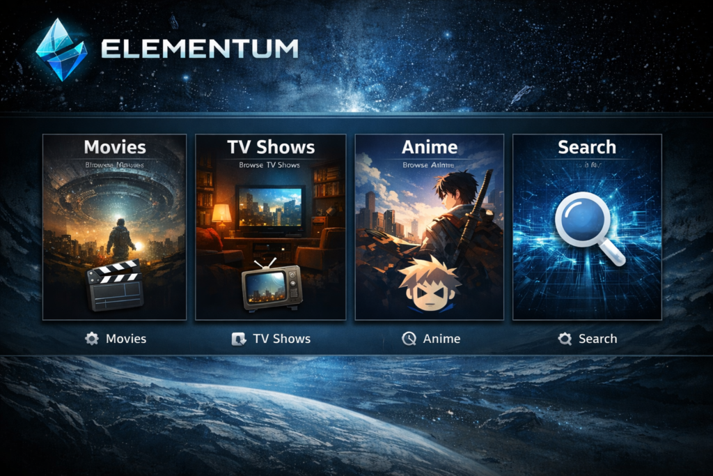 Elementum main menu showing Movies, TV Shows, Anime, and Search navigation options