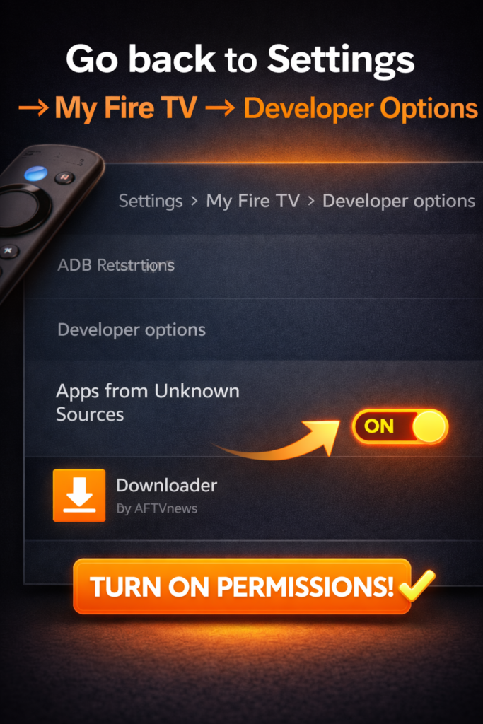 Firestick Developer Options screen showing “Apps from Unknown Sources” and Downloader permissions being turned ON with a highlighted toggle and instructions path Settings > My Fire TV > Developer Options