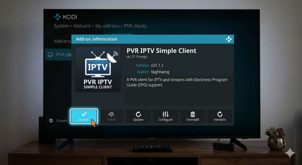 A horizontal, eye-level photograph shows a smart TV on a wooden TV stand in a dimly lit room, displaying the PVR IPTV Simple Client add-on page on the Kodi app.