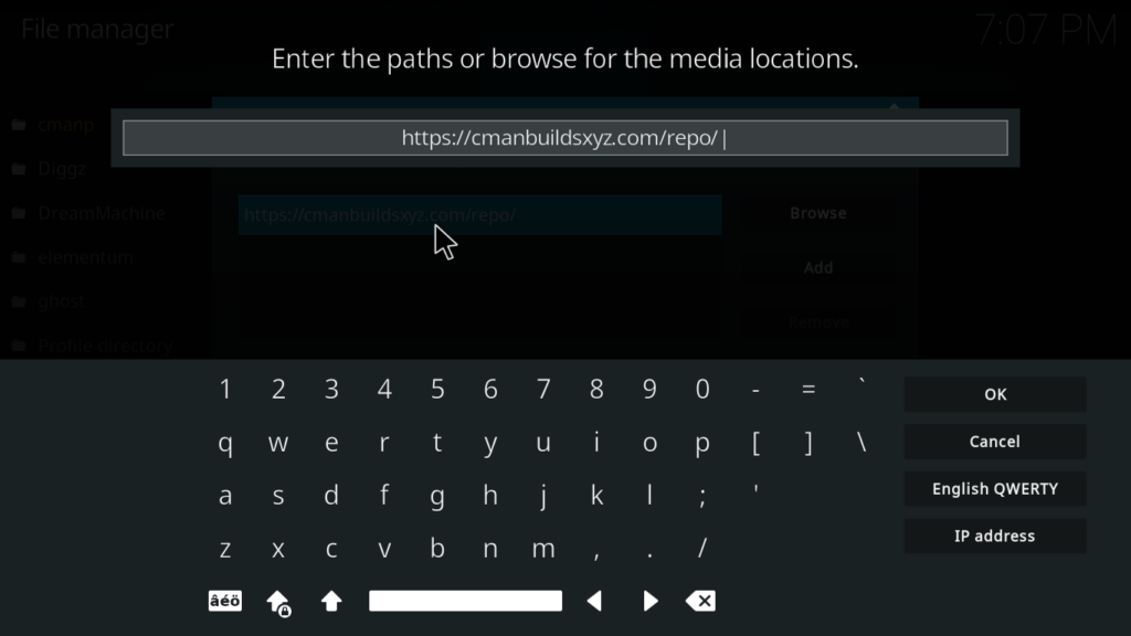 Enter the paths or browse for the media locations dialog box with the repository URL typed into the text input field