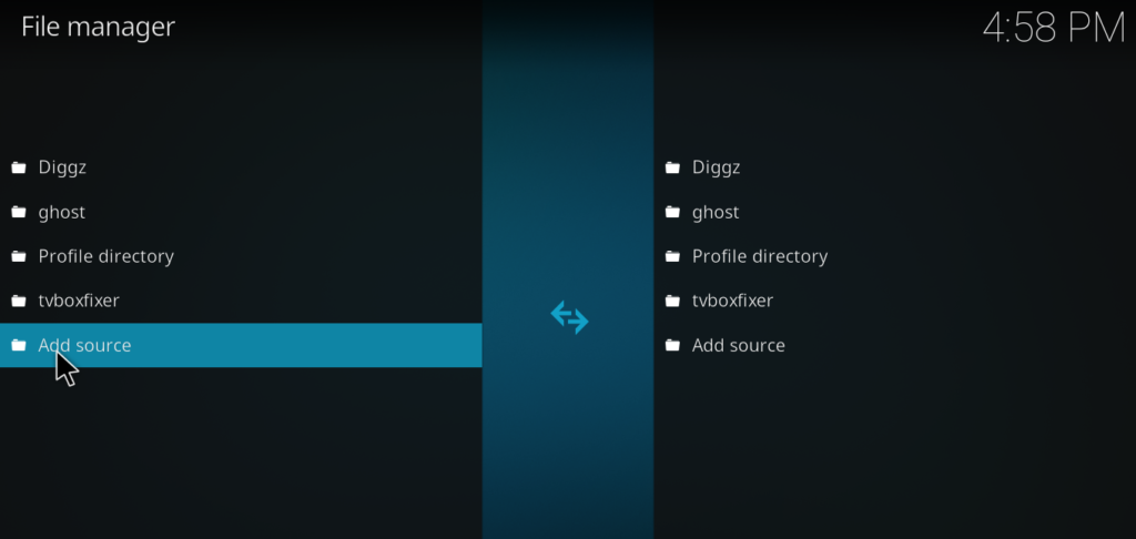  File Manager screen with the Add Source option highlighted at the top of the left panel