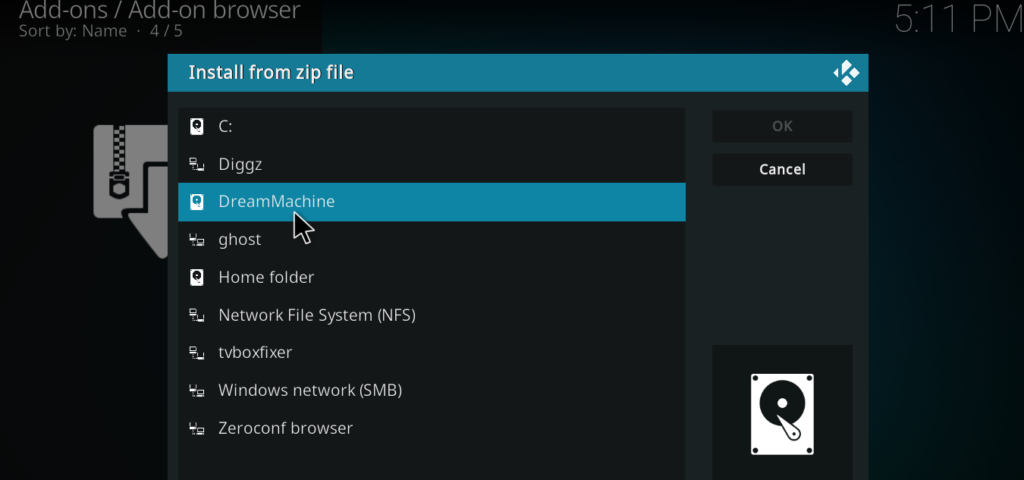 File browser showing the DreamMachine source name listed as an option