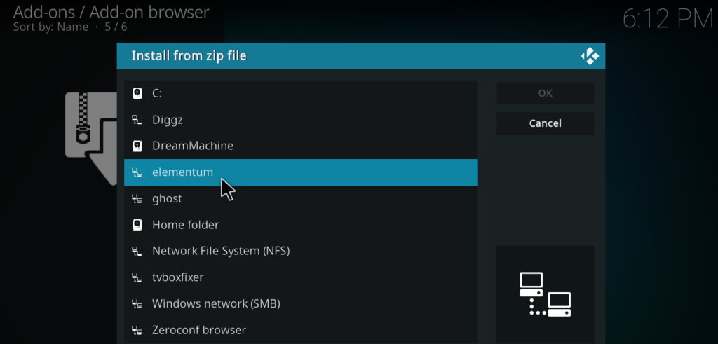  File source browser showing the Elementum source listed as a selectable option