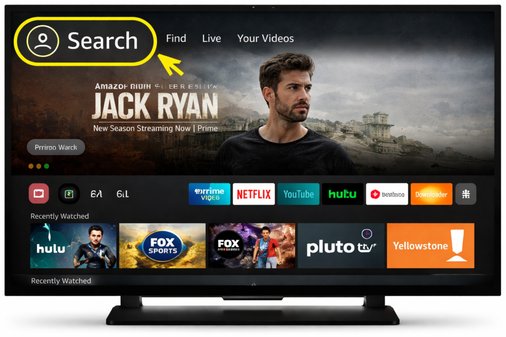 Amazon Firestick home screen highlighting the search icon used to find and install the Downloader app