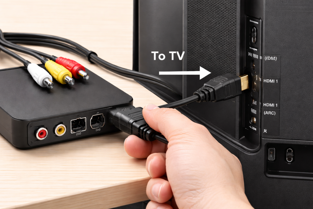 HDMI cable being connected from the TV box output port to the TV's HDMI 1 port
