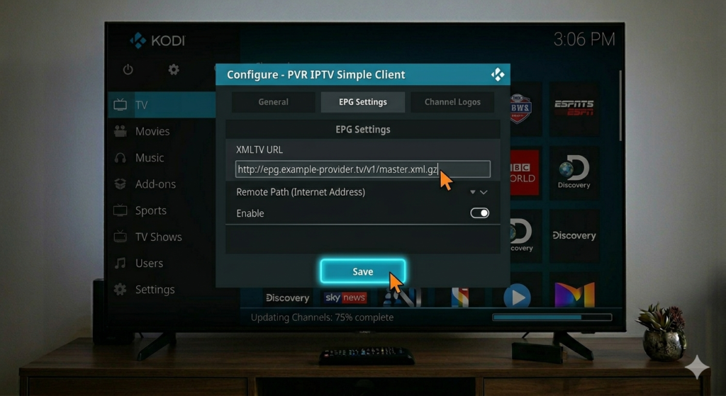 Adding an XMLTV EPG URL in the Kodi PVR IPTV Simple Client settings.