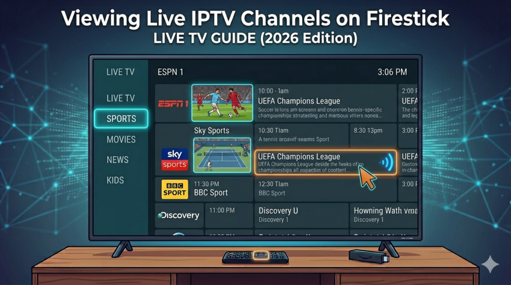 A TV screen displaying a live IPTV electronic program guide (EPG) interface on an Amazon Firestick.