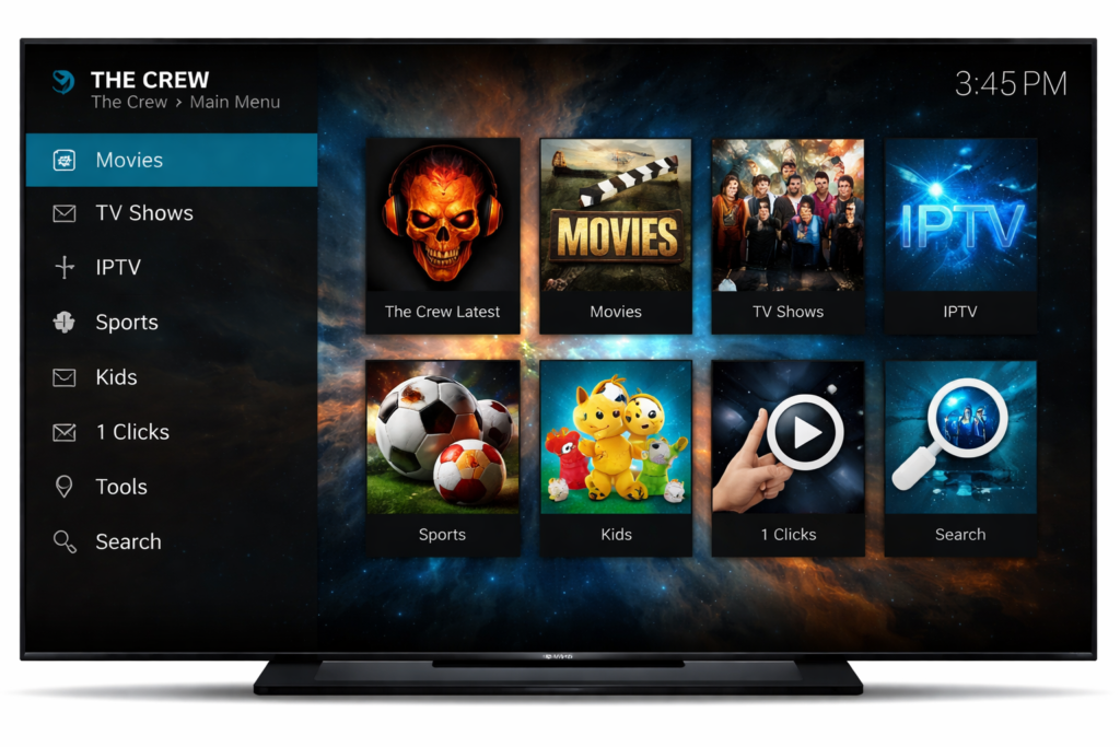 The Crew Kodi addon main interface running on Kodi 21 Omega