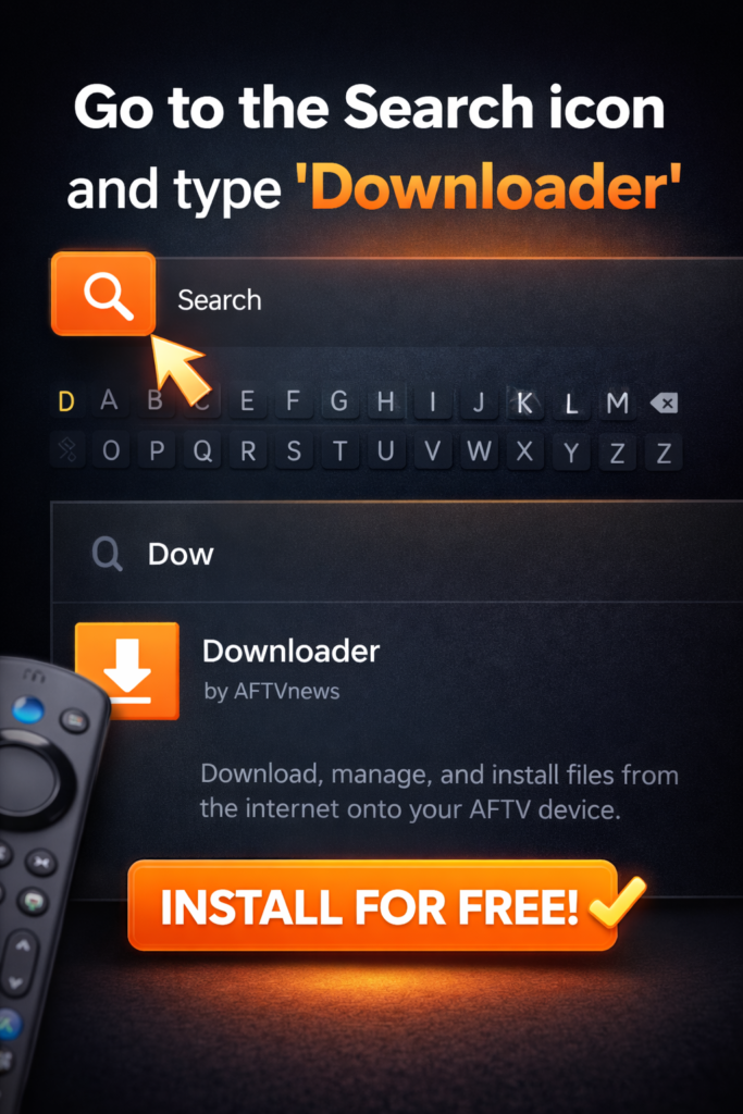 Firestick search screen showing the user typing “Downloader,” selecting the orange Downloader app, with a highlighted “Install for Free” button and a remote control on the side