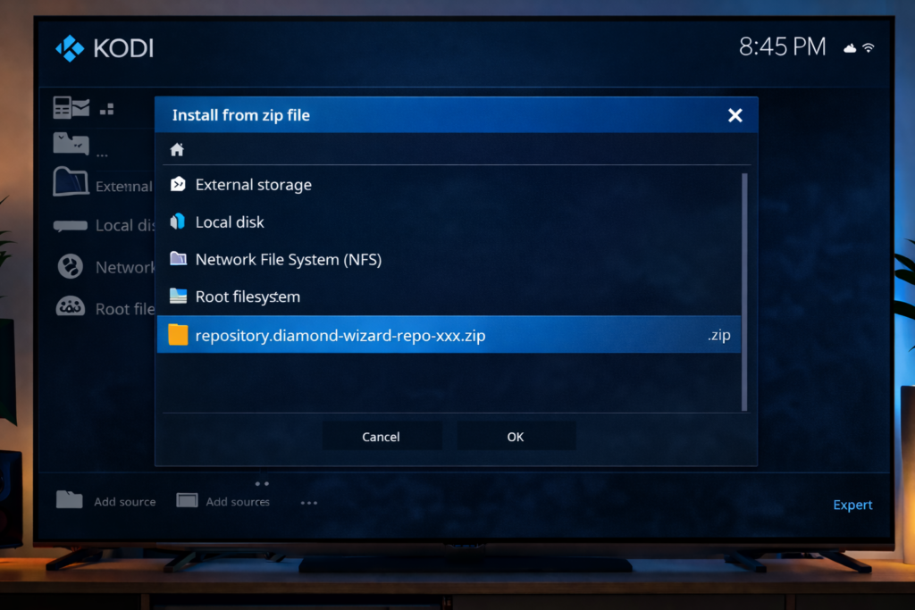 Kodi install from zip file screen for magic dragon kodi addon