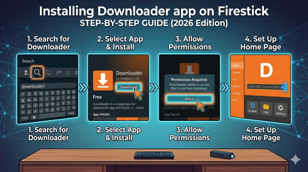 A step-by-step guide showing how to search for, download, and set up the Downloader app on an Amazon Firestick.