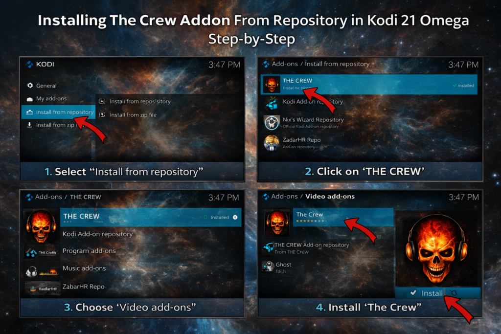  Installing The Crew addon from repository in Kodi 21 Omega step by step
Caption: Adding the repository source — this is where it all starts