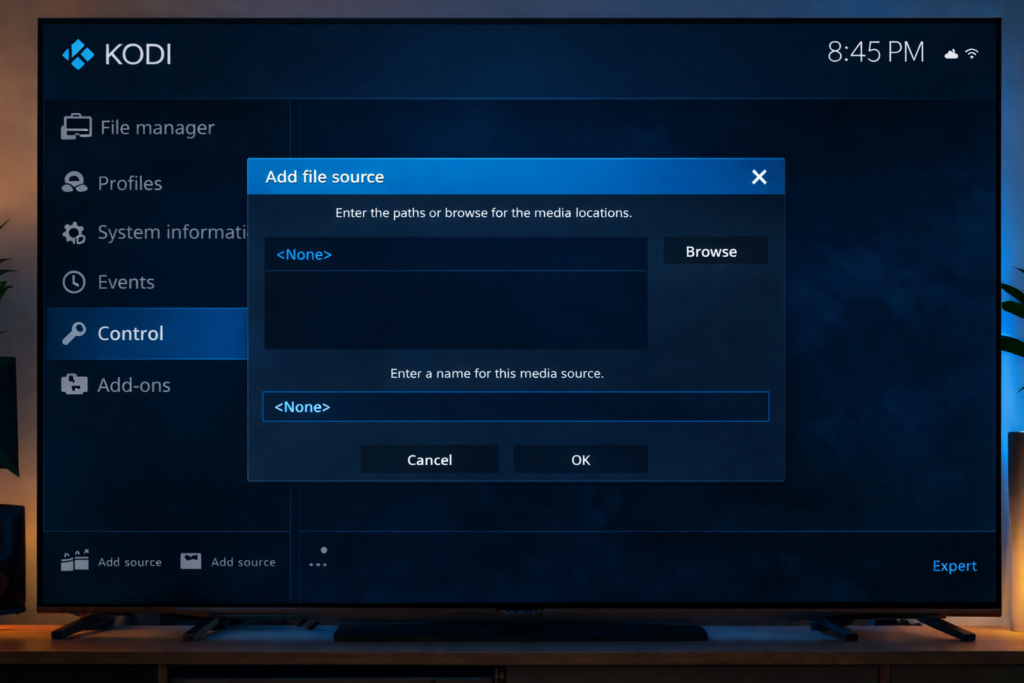 Kodi file manager add source step for magic dragon addon installation