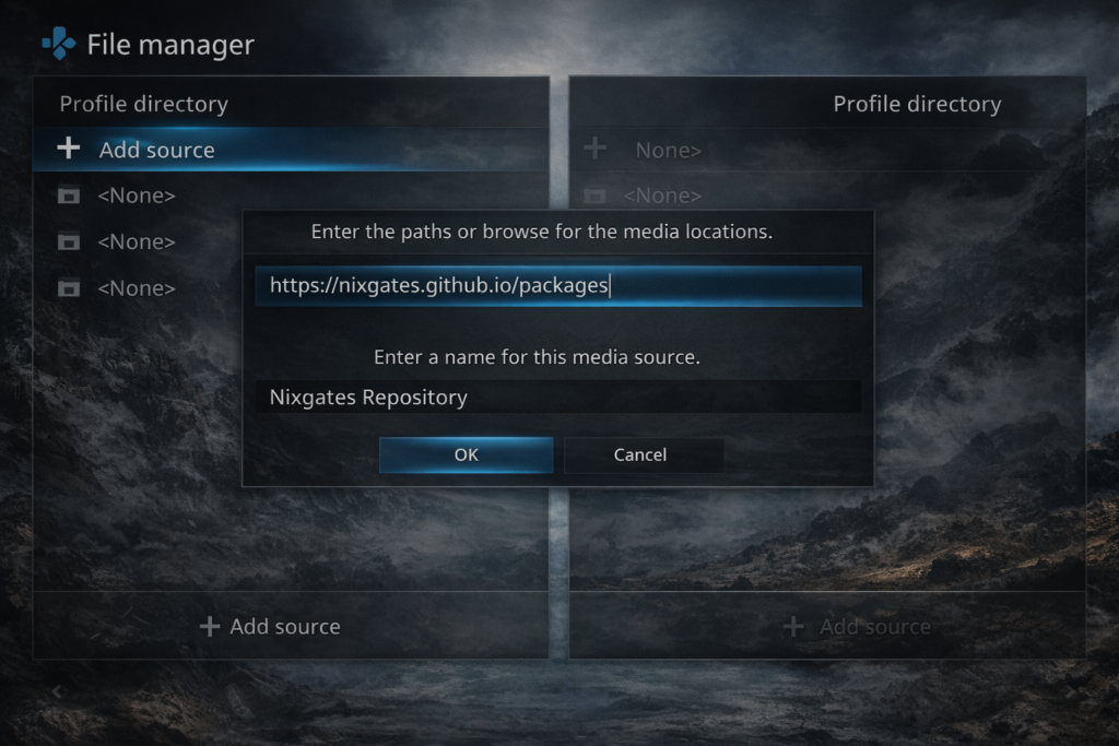Adding Nixgates repository URL in Kodi File Manager