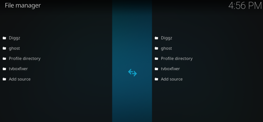 Kodi File Manager screen showing the two-panel file browser