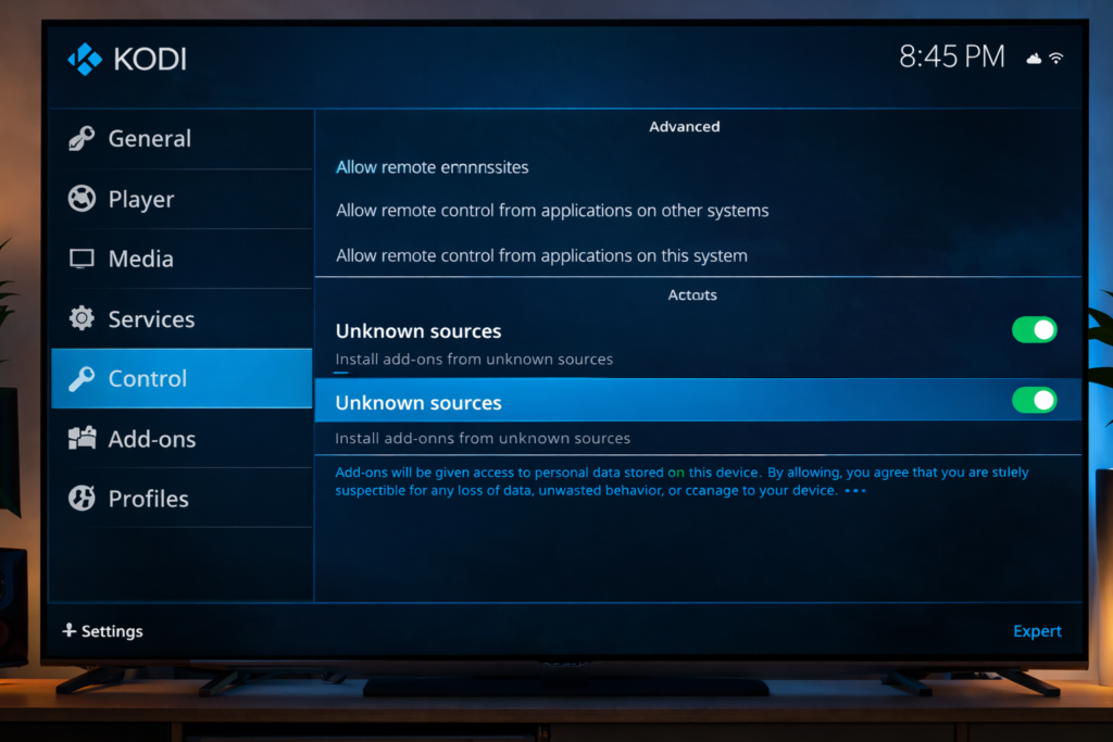 Kodi settings unknown sources option for magic dragon addon install