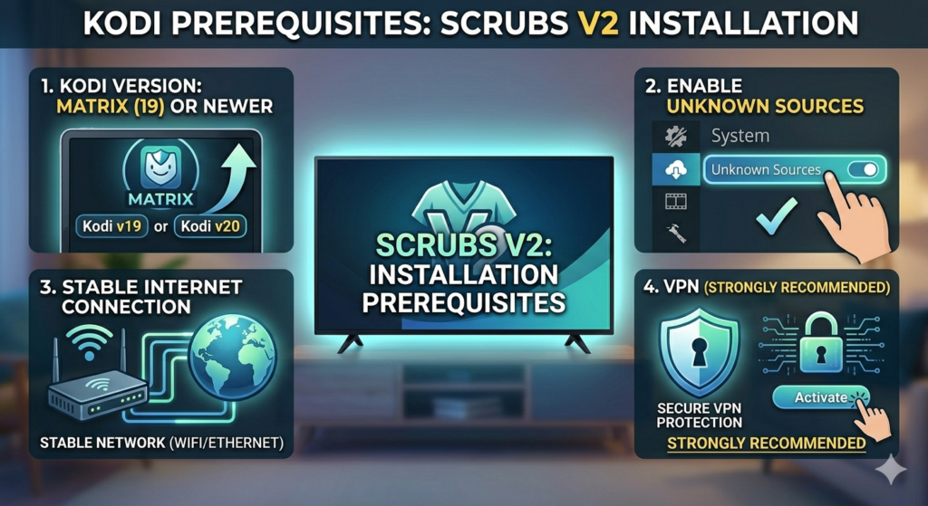Kodi prerequisites for installing Scrubs V2 Kodi