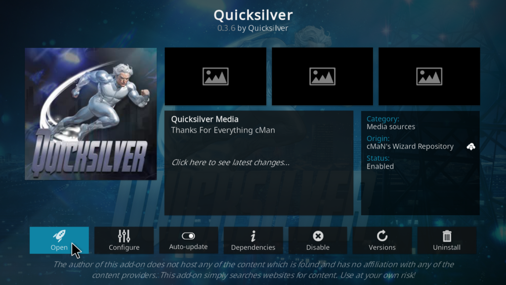  Kodi success notification in the top-right corner confirming Quicksilver addon is fully installed