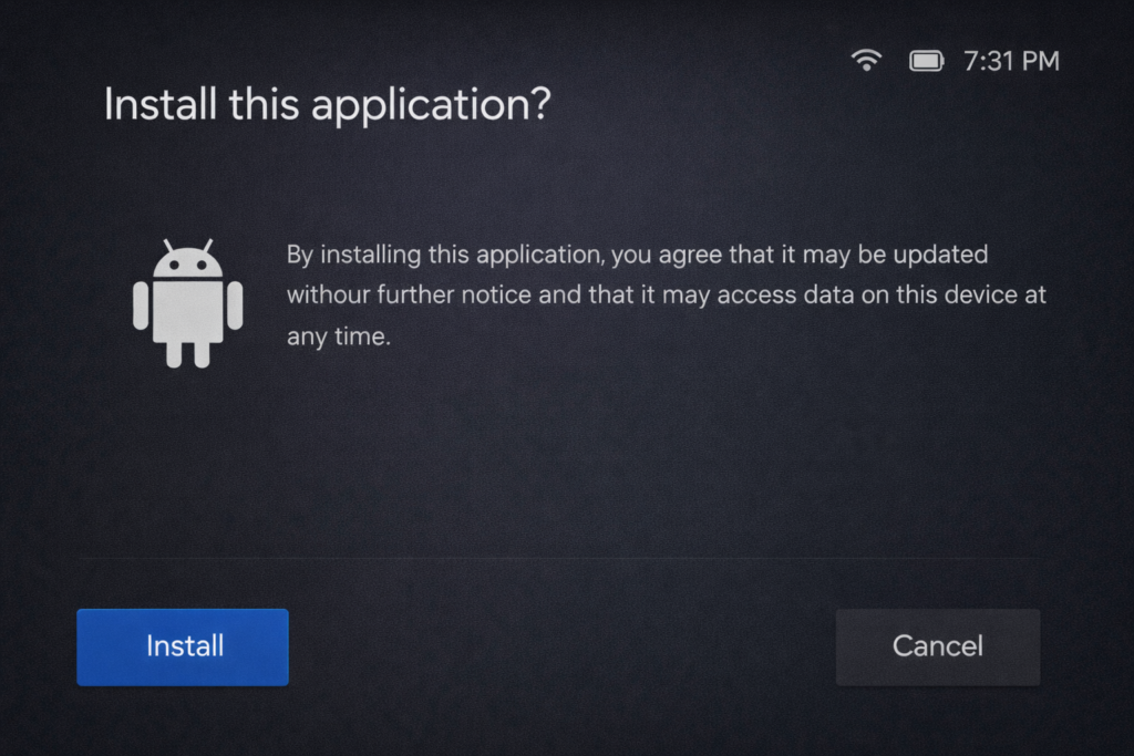 MECOOL KM2 install confirmation screen with Install and Cancel options