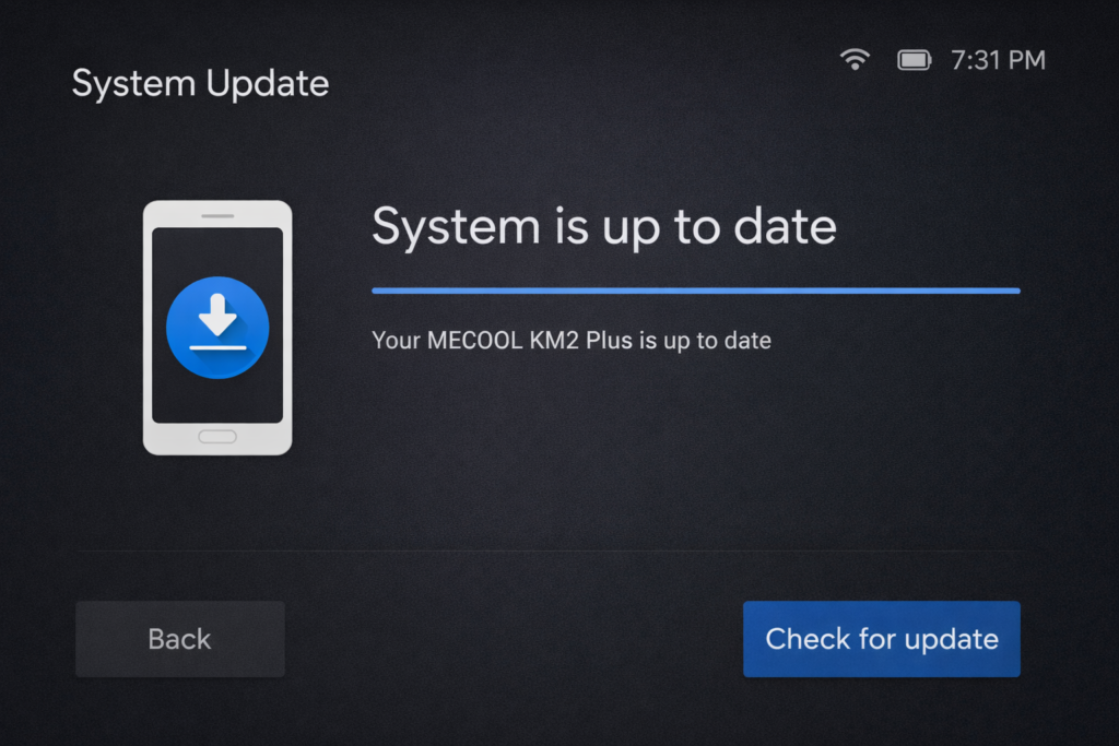 MECOOL KM2 Plus System Update screen showing device is up to date