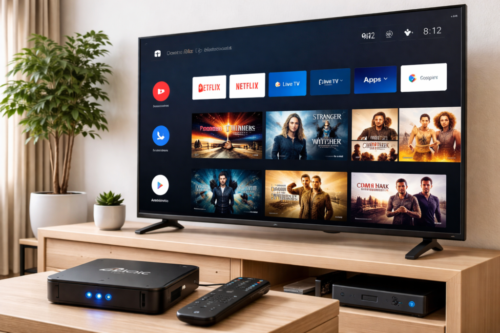 Android TV box with Amlogic chipset connected to TV in a modern living room setup