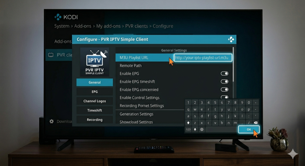 A horizontal, eye-level photograph shows a smart TV on a wooden TV stand in a dimly lit room, displaying the Configure - PVR IPTV Simple Client settings panel on the Kodi app.