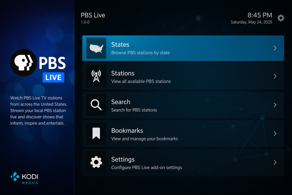 PBS Live Kodi addon main menu showing States, Stations, Search, Bookmarks, and Settings options in dark Kodi Nexus interface