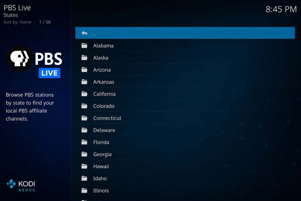 PBS Live Kodi addon States section displaying a list of US states in a clean dark Kodi Nexus list view